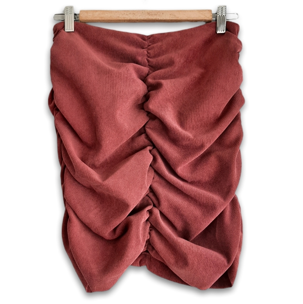 ZARA Thin Ribbed Soft Corduroy Ruched Gathered Mini Skirt Elegant Red Sz M
